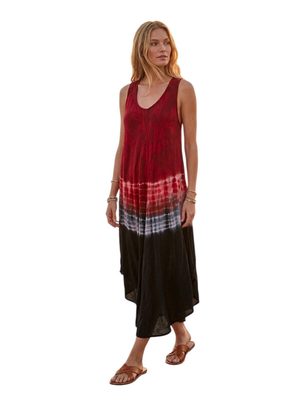 Papa Summer Red & Black Tie Dye Ombre Sleeveless Drapey Midi Dress M/L